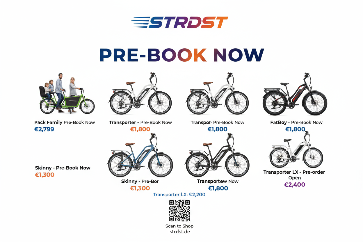 STRDST eBikes Pre-Book Now Poster - White Background